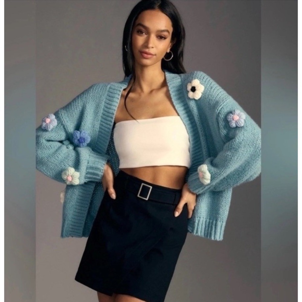 Maeve by Anthropologie Chunky 3D Floral Knit Cardigan Blue Sweater Flower